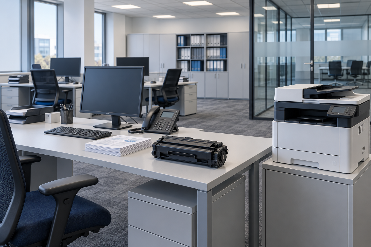 Illustration: klassisches Firmenbüro mit mehreren Arbeitsplätzen, Tonerkartusche auf dem Tisch und Drucker daneben